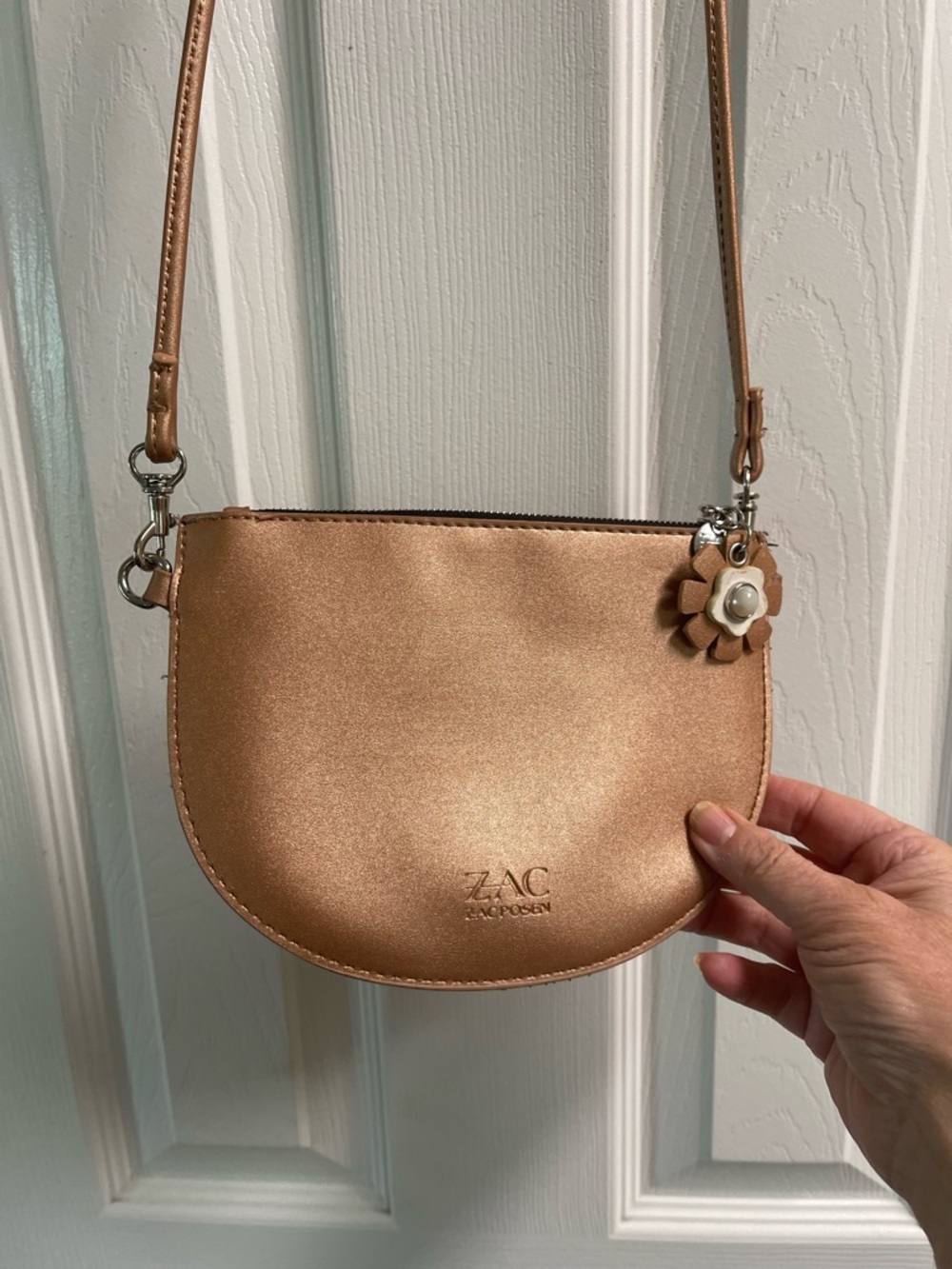 ZAC Zac Posen Metallic Rose Gold Crossbody with Floral Charm